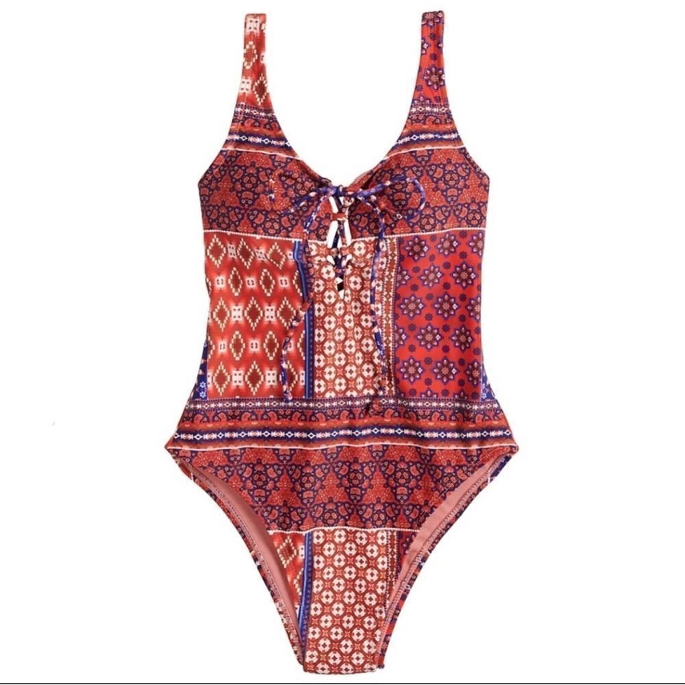 New Indigo Rein Boho‎ Patchwork Paisley One Piece Swimsuit Swim Strappy Print L